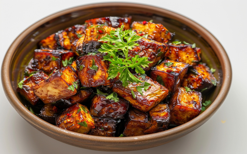 a bowl of tofu with herbs and garnish a bowl of tofu with herbs and garnish